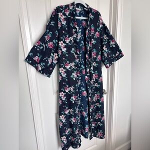 Vintage Lord & Taylor Floral Satin Robe Navy Rose Print Kimono Cottagecore Large
